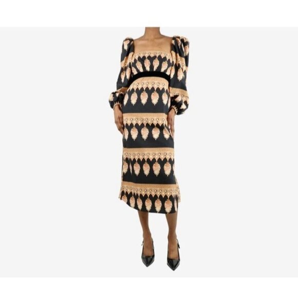 JOHANNA ORTIZ Black Symbolic Emblems Velvet Trimmed Printed Cotton Midi Dress 4 - Picture 1 of 16